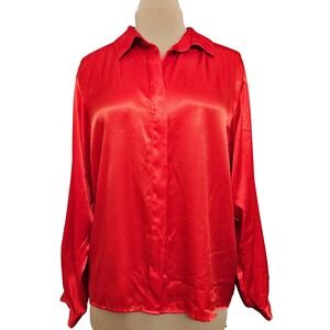 Lee Mar Vintage Red Satin Jacquard‎ Button Up Blouse Top Size 16 Mob Wife